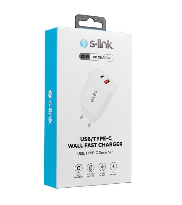 S-link SL-EC60 20W PD3.0-Quick Charge QC3.0 Type USB-C +USB A Hızlı Beyaz Ev Şarj Adaptör Kategori Dışı