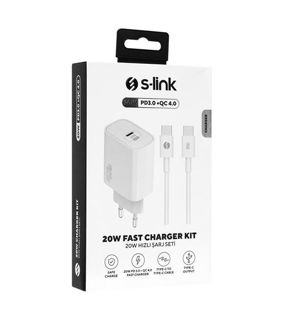 S-link SL-EC62TP Type-C 20W PD3.0 Quick Charge QC4.0 Kablo + Ev Şarj Adaptör
