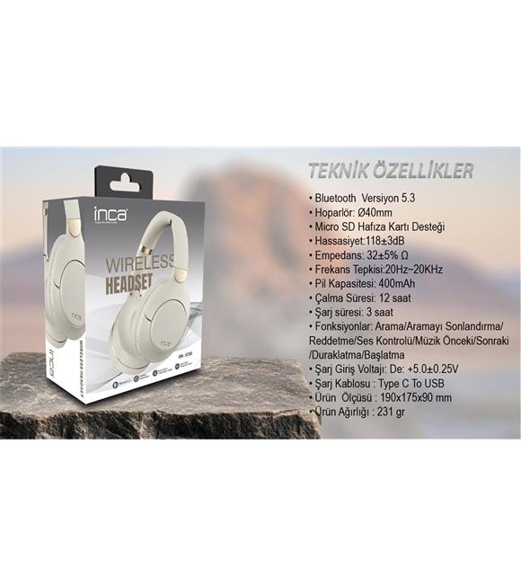 Inca IBK-503B Beyaz 5.3 Bluetooth Wireless Kulaklık Micro Sd Kulaklık 400mah Type-c To USB