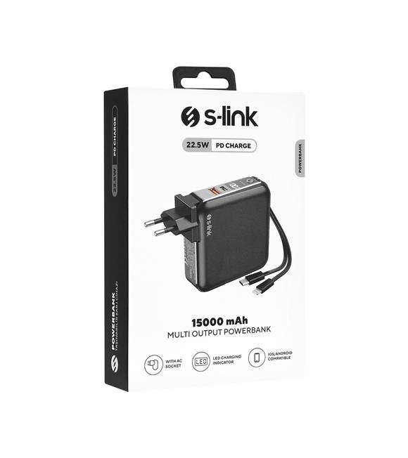 S-link G150 15000mAh Lightning+Type-C Kablolu Powerbank Siyah PD22.5W LCD AC Prizli Pil Şarj Cihazı