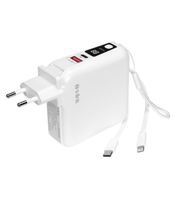 S-link G150 15000mAh Lightning+Type-C Kablolu Powerbank Beyaz PD22.5W LCD AC Prizli Pil Şarj Cihazı