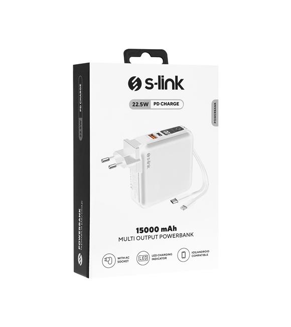S-link G150 15000mAh Lightning+Type-C Kablolu Powerbank Beyaz PD22.5W LCD AC Prizli Pil Şarj Cihazı_1