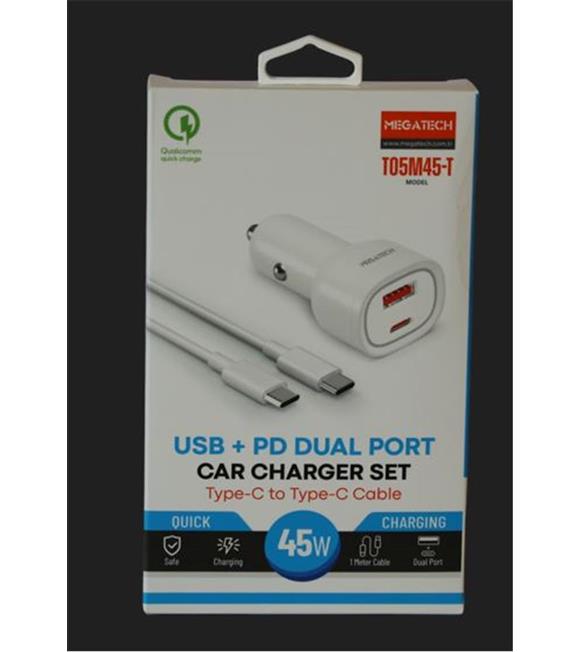 Megatech T05M45-T Beyaz 45W PD-USB Araç Çakmaklık Şarj Başlığı Hızlı Şarj(TYPE-C TO TYPE-C KABLO) Adaptörler