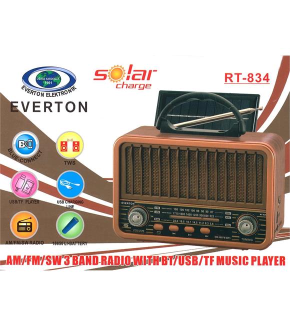 Everton Rt-834 Bluetooth Radyo-TF card-usb-Kumandalı Nostaljik Radyo Solar Güneş Panelli