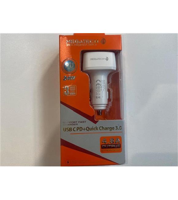 Megatech MTC-05 Beyaz 24W 4.8A 2 USB 1 PD Araç Çakmaklık Şarj Başlığı Hızlı Şarj