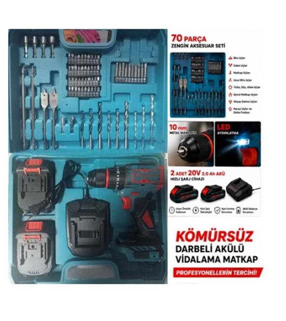 CATPOWER 1050 Kömürsüz Darbeli Şarjlı Matkap Vidalama 20V 2.0AH 55 Nm Brushless Çift Akülü 70 Parça Mekanik El Aletleri