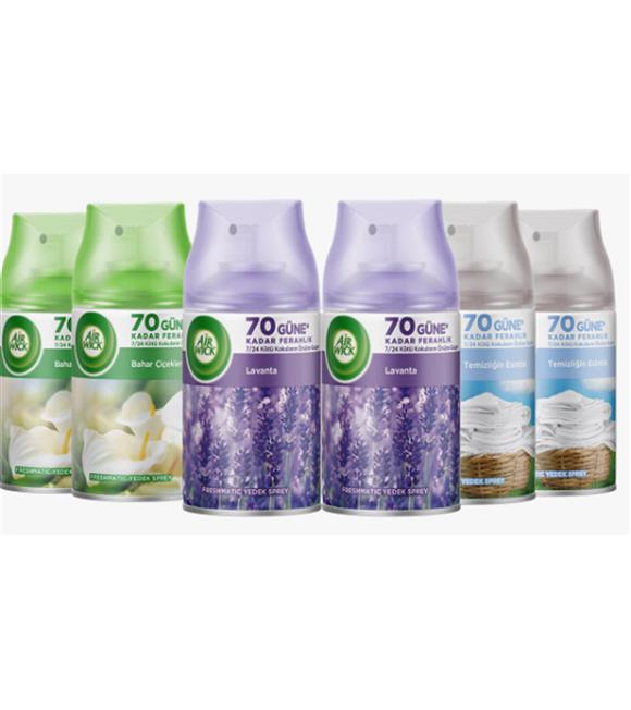Airwick 250ml 6lı (Lavanta-Bahar Çiçekleri-Temizliğin Esintisi) Oda Kokusu Sprey(Makina Yedek Sprey)