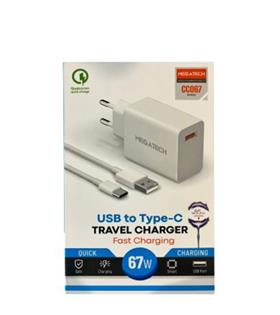 Megatech 67w Turbo Şarj Gösterme EvŞarj Kafa + Type-C Şarj Kablosu