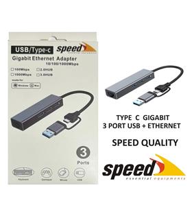 Speed UET01 10-100-1000 USB - Type c 3 Port USB 3.0 Çoklayıcı Gigabit Ethernet Çevirici