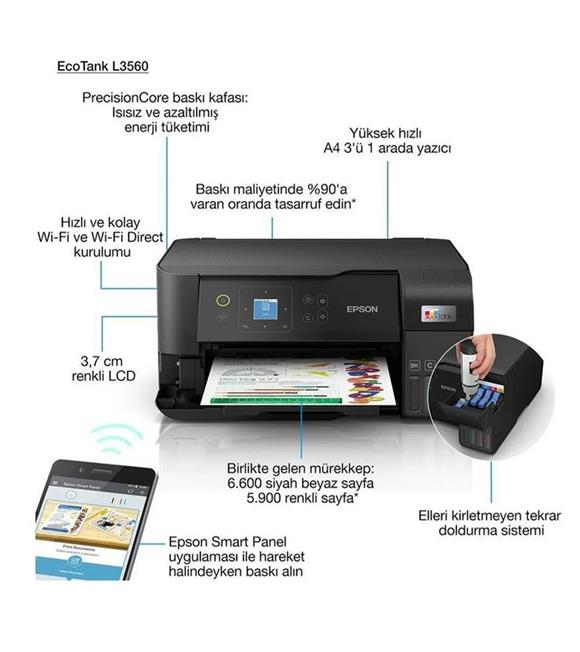 Epson L3560 MEAF Yazıcı-Tarayıcı-Fotokopi Renkli Mürekkep Tanklı Yazıcı WI-FI Ekranlı Kategori Dışı