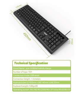 Acer OAK-0A0  Siyah Kablolu Sessiz Tuşlu  Klavye (Caps Lock) (Kablo Uzunluğu 1.50Cm) Caps Lock