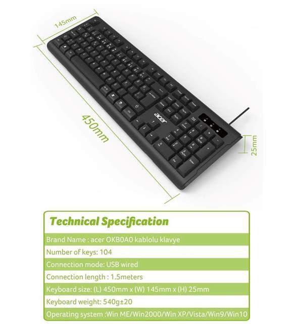 Acer OAK-0A0 Siyah Kablolu Sessiz Tuşlu Klavye (Caps Lock) (Kablo Uzunluğu 1.50Cm) Caps Lock