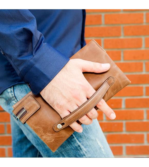 Rich Smith Gerçek Deri Mini Clutch El Çantası Pullers 5530 Parlak Bulutlu Kahve