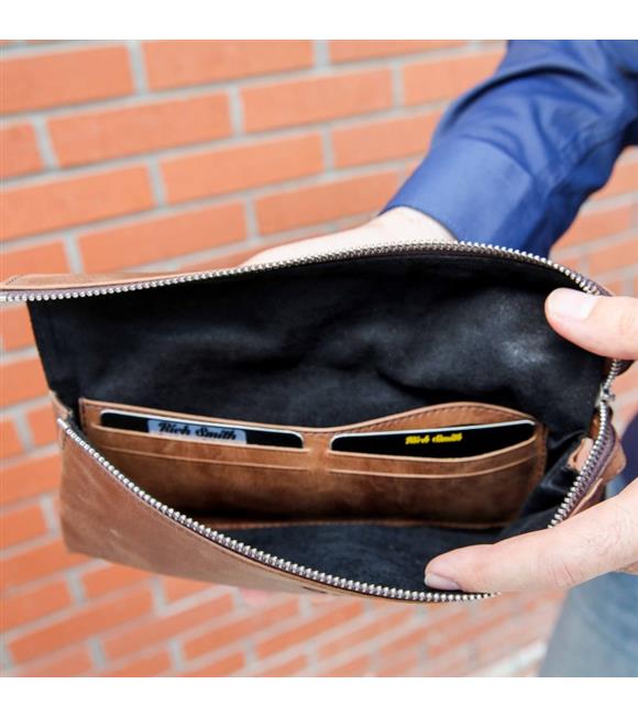 Rich Smith Gerçek Deri Mini Clutch El Çantası Pullers 5530 Parlak Bulutlu Kahve