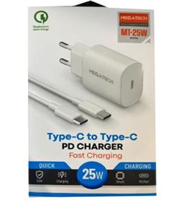 Megatech Mt-25w QC:3.0 PD:3.0 Ev Şarj Kafa+ Type-C To Type-C Şarj Kafası Hızlı Şarj