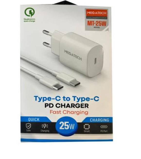 Megatech Mt-25w QC:3.0 PD:3.0 Ev Şarj Kafa+ Type-C To Type-C Şarj Kafası Hızlı Şarj
