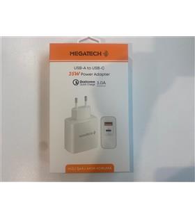 Megatech 25W2  Usb-A To Usb-C 3.0A 25W Ev Şarj Kafa Hızlı Şarj Akım Koruma