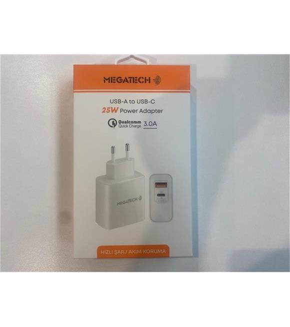 Megatech 25W2 Usb-A To Usb-C 3.0A 25W Ev Şarj Kafa Hızlı Şarj Akım Koruma