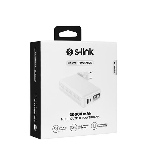 S-link G225 20000mAh Lightning+Type-C Kablolu Powerbank Beyaz 5W Prizli Taşınabilir Pil Şarj Cihazı