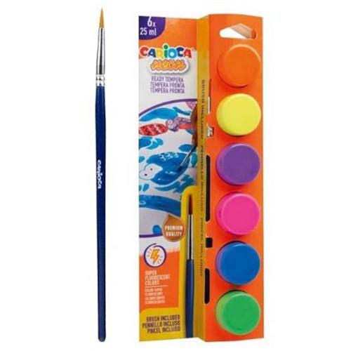 Carioca Tempera Sulu Boya Süper Yıkanabilir Fırçalı 25 ML 6 Renk Fosforlu 40486 Okula Dönüş Kampanyası Boya Gereçleri