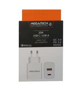 Megatech 20w Beyaz USB-C USB-A  Şarj Kafa QC:3.0-PD:3.0