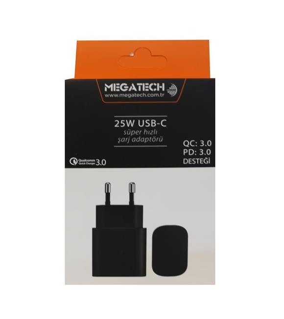 Megatech 25w Siyah USB-C Şarj Kafa QC:3.0-PD:3.0