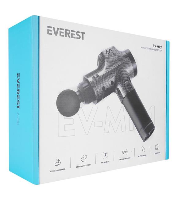 Everest EV-MT51 12V Dijital Karbon Fiber-Siyah 2500 mAh Kablosuz Profesyonel Sporcu Masaj Aleti