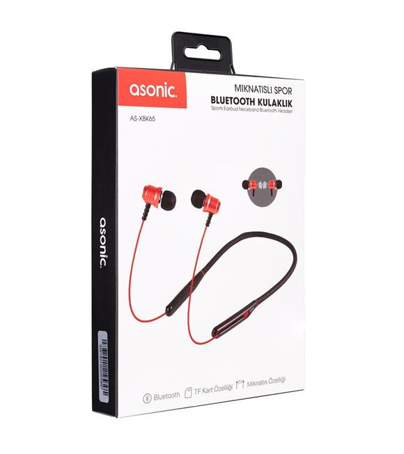 Asonic AS-XBK65 Kırmızı Boyun Askılı Mıknatıslı Bluetooth+TF Kart Spor Kulak içi Kulaklık