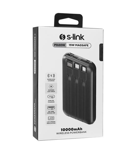S-link P135 10000mAh 15W Magsafe Dahili Kablo Siyah Gizli LED Taşınabilir Pil Şarj Cihazı Power