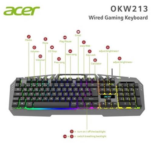 Acer OKW213 Gri RGB Rainbow Backlit Gaming Keyboard Rainbow (Kablo Uzunluğu 1,5mt) Oyuncu Fırsatları