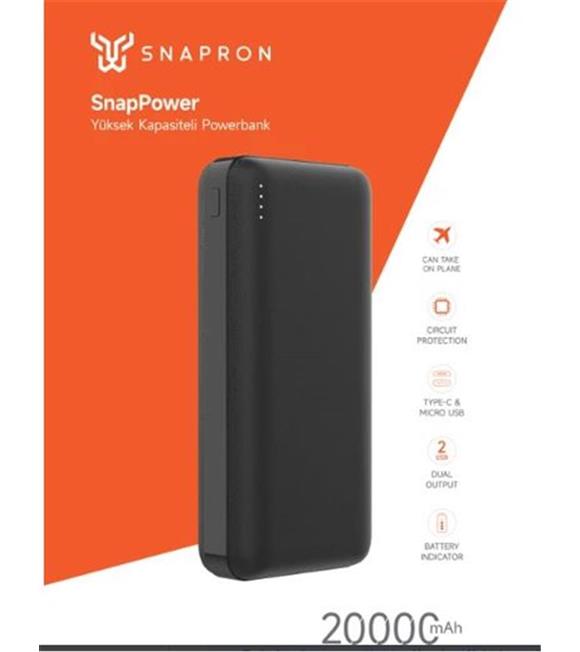 SNAPRON Snp 3002 Siyah Powerbank 20.000 Mah. Hızlı Şarj Özellikli. Usb Kablo Dahil_1