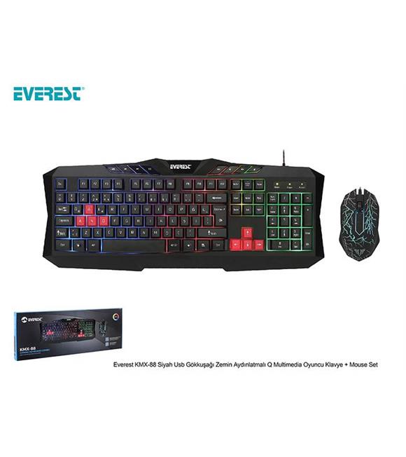 Everest KMX-88 Siyah Usb Gökkuşağı Zemin Aydınlatmalı Q Multimedia Oyuncu Klavye + Mouse Set