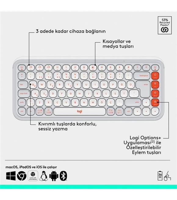 Logitech Pop Icon Combo 920-013076 Beyaz Kablosuz Klavye Mouse Seti