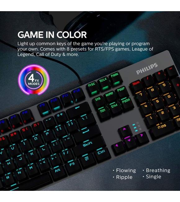 Philips SPK8404  Mekanik Gaming Oyuncu Klavyesi RGB LED IŞIK (Kablo Uzunluğu 1,60cm) Caps Lock Tuşu