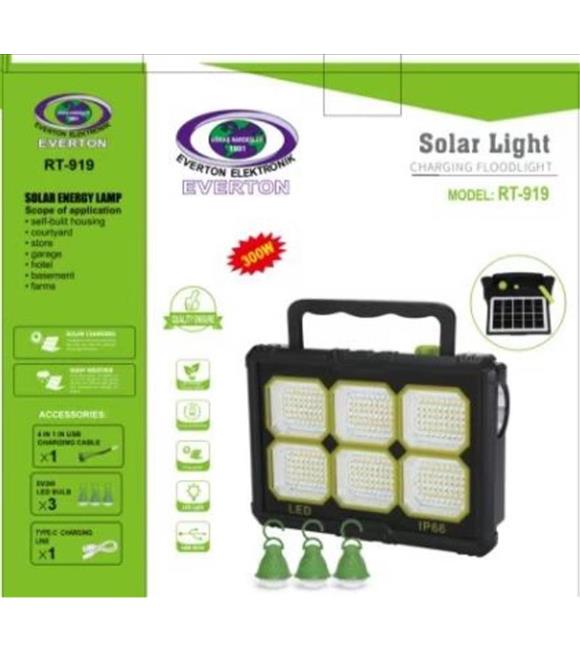Everton Rt-919 Şarjlı 300w Solar Panelli Projektör (3 Adet Ampül) (Led Gösterge)