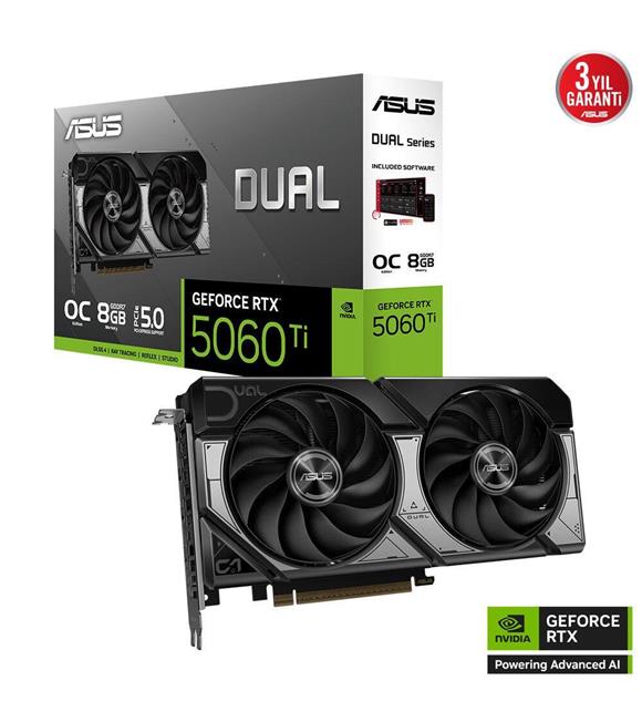 Asus Dual GeForce RTX 5060 Ti 8GB GDDR7 OC Edition 28 Gbps 128-bit DUAL-RTX5060TI-O8G Ekran Kartı