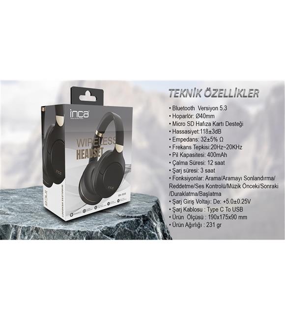 Inca IBK-503S Siyah 5.3 Bluetooth Wireless Kulaklık Micro Sd Kulaklık 400mah Type-c To USB