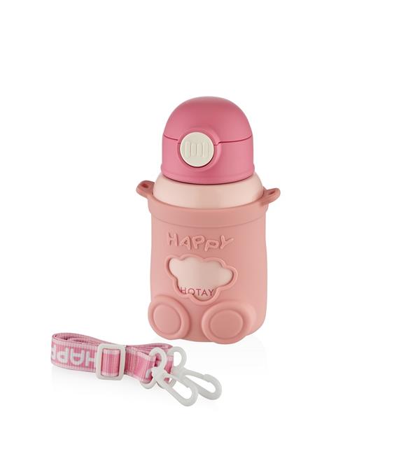 Shotay ST-8816 480ml Askılı Silikon Kılıflı Pipetli Pembe Çelik Matara