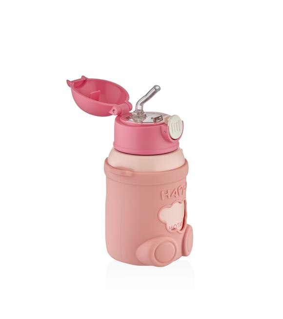 Shotay ST-8816 480ml Askılı Silikon Kılıflı Pipetli Pembe Çelik Matara
