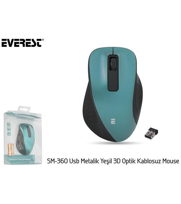 Everest SM-360 Usb Metalik Yeşil 3D Optik Kablosuz Mouse