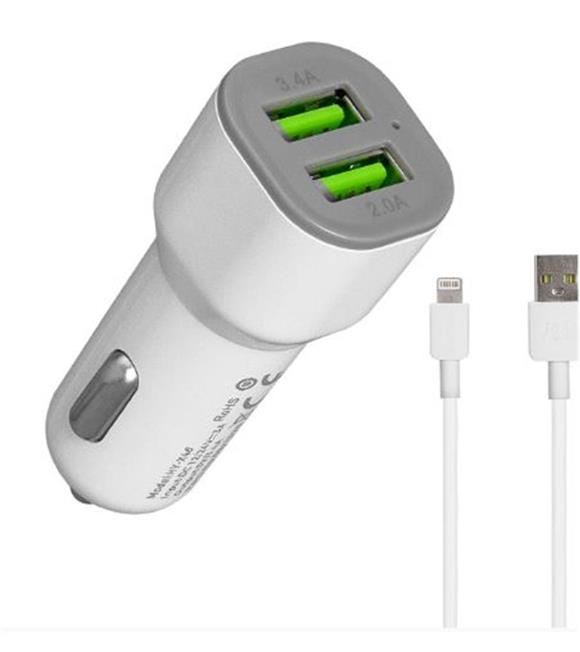 Hytech HY-X44 iPhone Lightning Kablolu 3.1A Hızlı Şarj 2 USB Beyaz Araç Şarj Cihazı