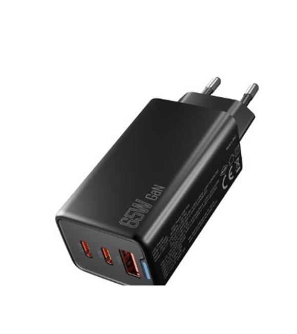 Hytech HY-XEG65 2-USB-C + USB-A GAN PD 65W - QC 18W Type PD-PPS Siyah EV-NOTEBOOK Şarj Adaptör