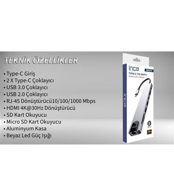 Inca ITPC-7T Type-C Giriş 2XType-C Çoklayıcı RJ-45 HDMI 4K@30 USB 3.0 Çoklayıcı Micro SD Kart