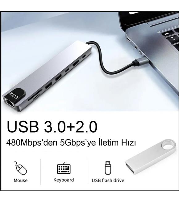 Inca ITPC-7T Type-C Giriş 2XType-C Çoklayıcı RJ-45 HDMI 4K@30 USB 3.0 Çoklayıcı Micro SD Kart