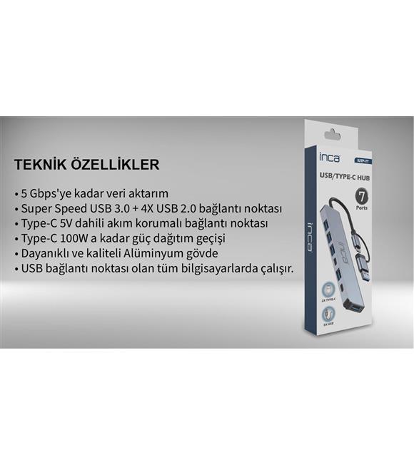 Inca IUTP-7T Usb+Type-c Girişli USB 3.0+4X USB 2.0 Type-C 5V 2X Type-C 100W Çoklayıcı