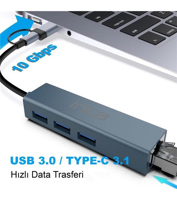 Inca IUTP-03TX Ethernet Usb 3.0+Type-C 3.1 Grişli 000 Mbps 3X3.1Usb Eternet-Çoklayıcı