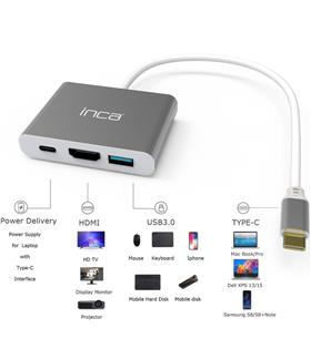 Inca ITPC-04TX Type-c Hub HDMI 4K@30hz USB3.0+PD100W Akım ve Voltaj Korumalı Alüminyum Çoklayıcı