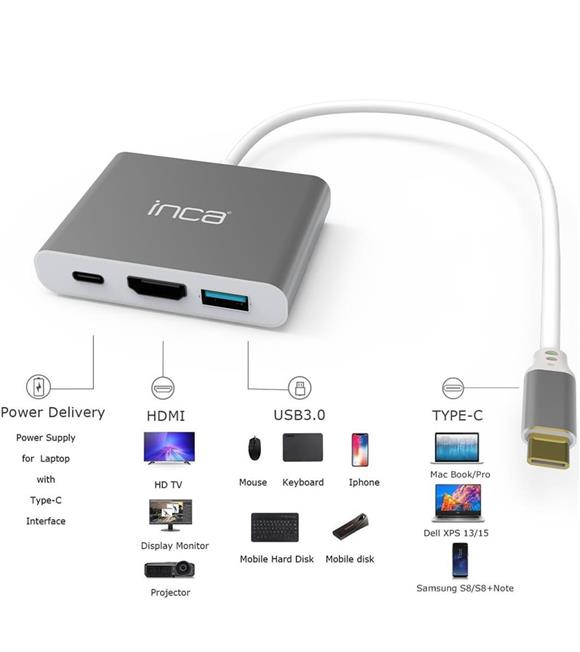 Inca ITPC-04TX Type-c Hub HDMI 4K@30hz USB3.0+PD100W Akım ve Voltaj Korumalı Alüminyum Çoklayıcı