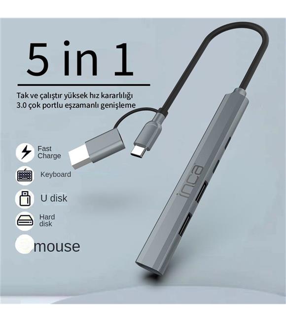 Inca IUTP-06TX 5in1 USB 3.0 + 2xUSB 2.0+Type-C+PD 100W USB+Type-C Çoklayıcı 3.0 ile 5 Gbps