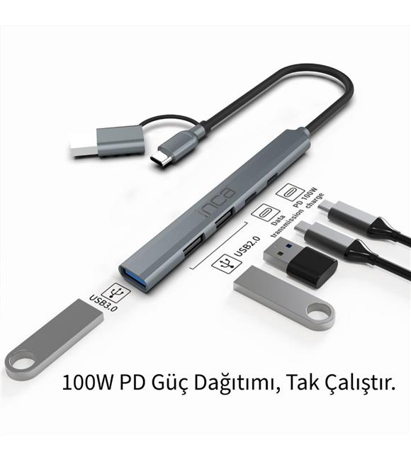 Inca IUTP-06TX 5in1 USB 3.0 + 2xUSB 2.0+Type-C+PD 100W USB+Type-C Çoklayıcı 3.0 ile 5 Gbps